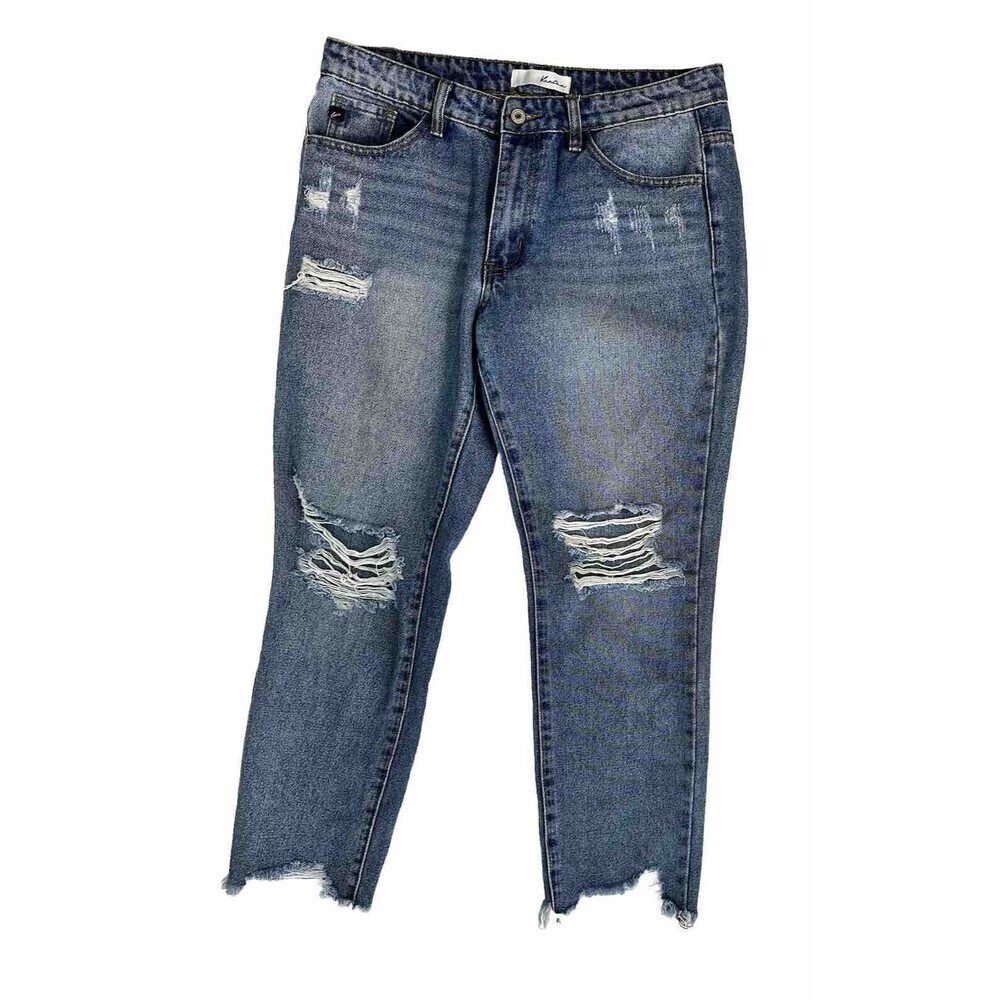 Kancan Jeans 11/29 Distressed Skinny Jean Raw Hem Medium Wash High Rise Crop
